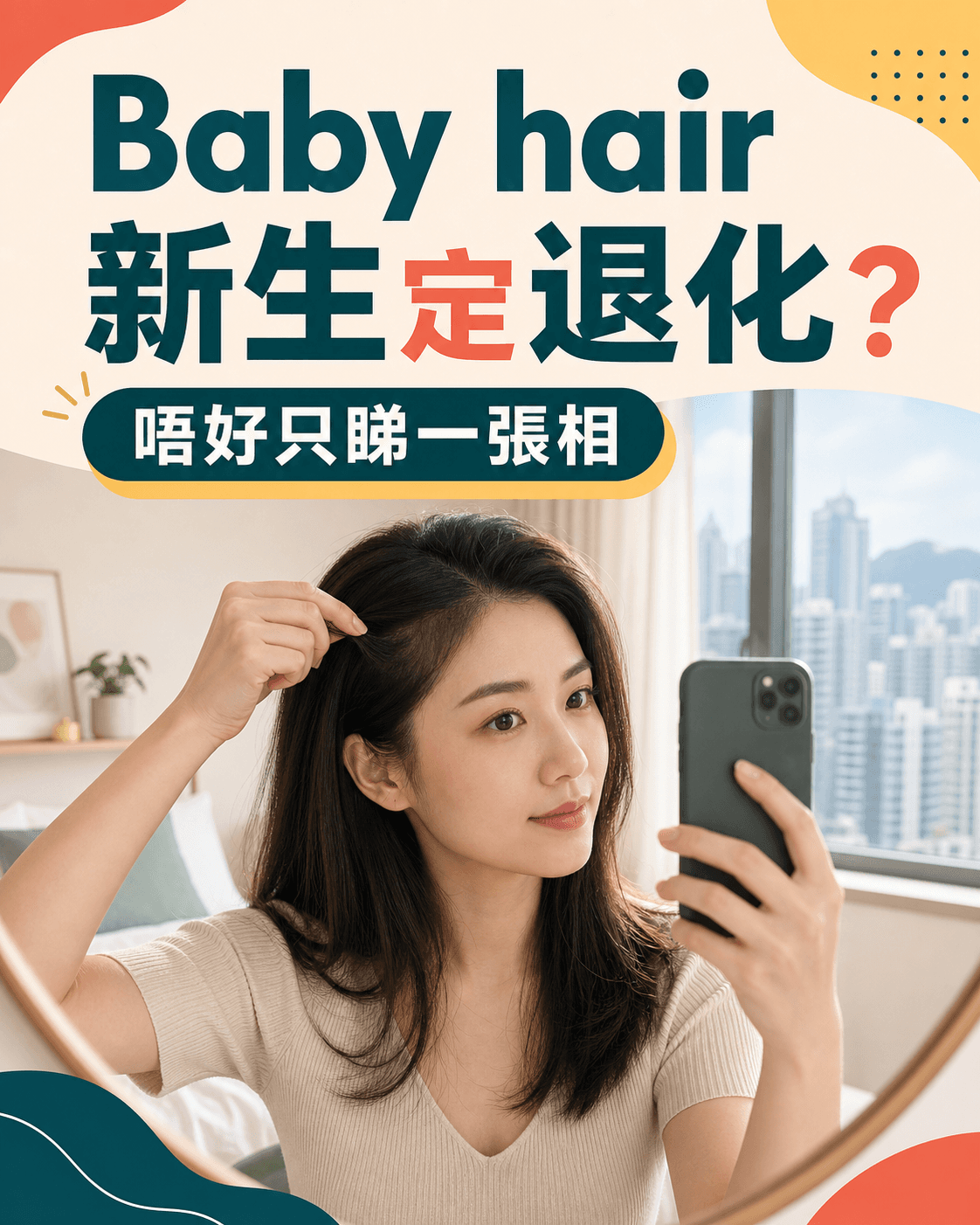 香港女性在鏡前用手機記錄太陽穴Baby hair,判斷新生髮或毛囊微型化