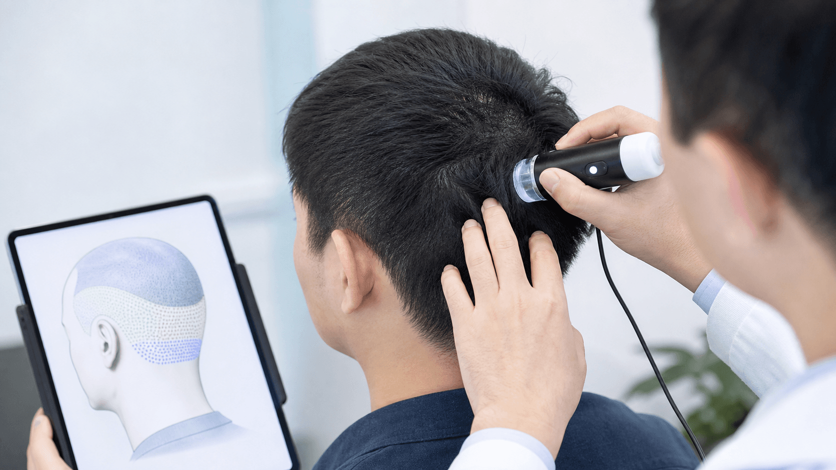 亞洲男士後枕供髮區接受分區頭皮鏡密度評估