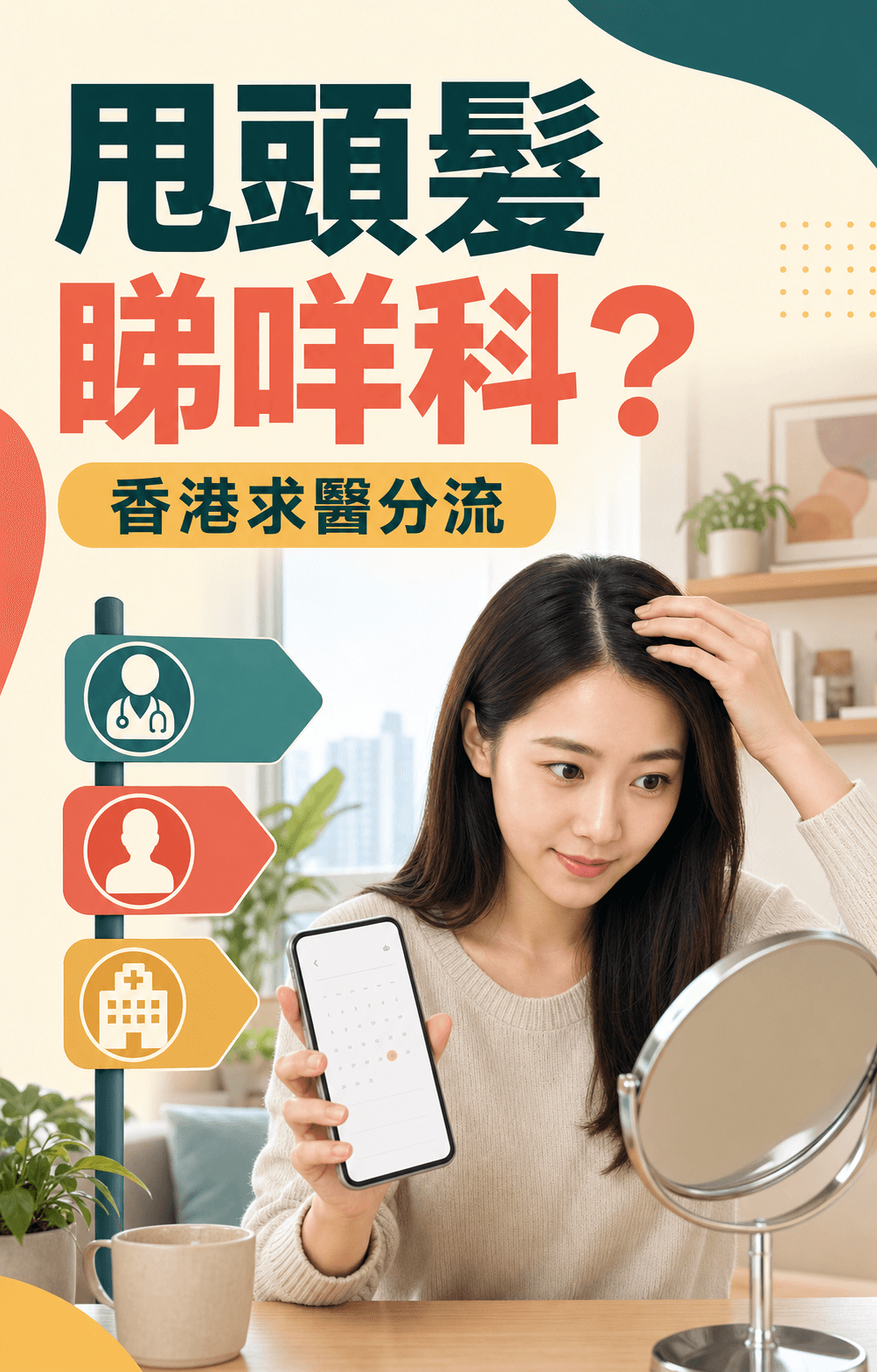香港女性查看髮縫並用手機安排甩頭髮求醫分流