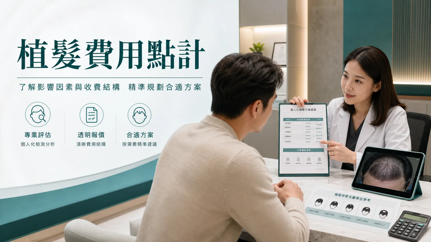 植髮費用文章主圖,醫生向客人講解報價與毛囊評估