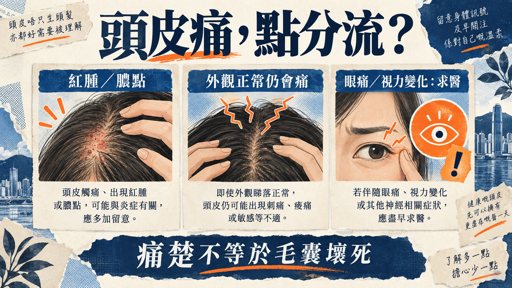 頭皮痛分流:紅腫膿點、外觀正常的刺痛,以及眼痛或視力變化警號