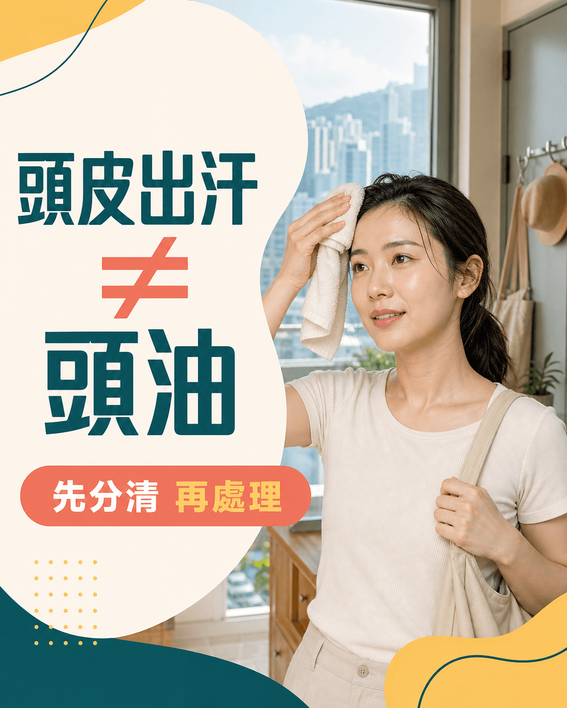 香港女性在潮濕天氣回家後用毛巾輕印頭皮汗水,分辨出汗與頭油