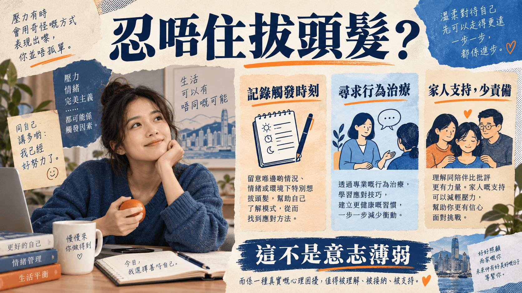拔毛困擾的支持方向:記錄觸發時刻、尋求行為治療、家人支持少責備