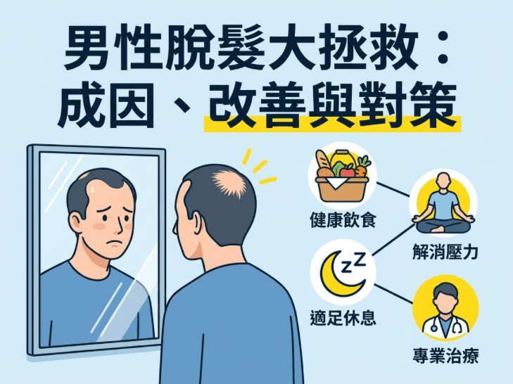 這張綜合性封面圖完美地概括了整篇文章。它展示了一個憂慮的男性面對頂上危機(成因和現狀),以及一系列象徵性圖示(飲食、減壓、睡眠、專業治療)代表解決方案。標題清晰,視覺吸引力強。